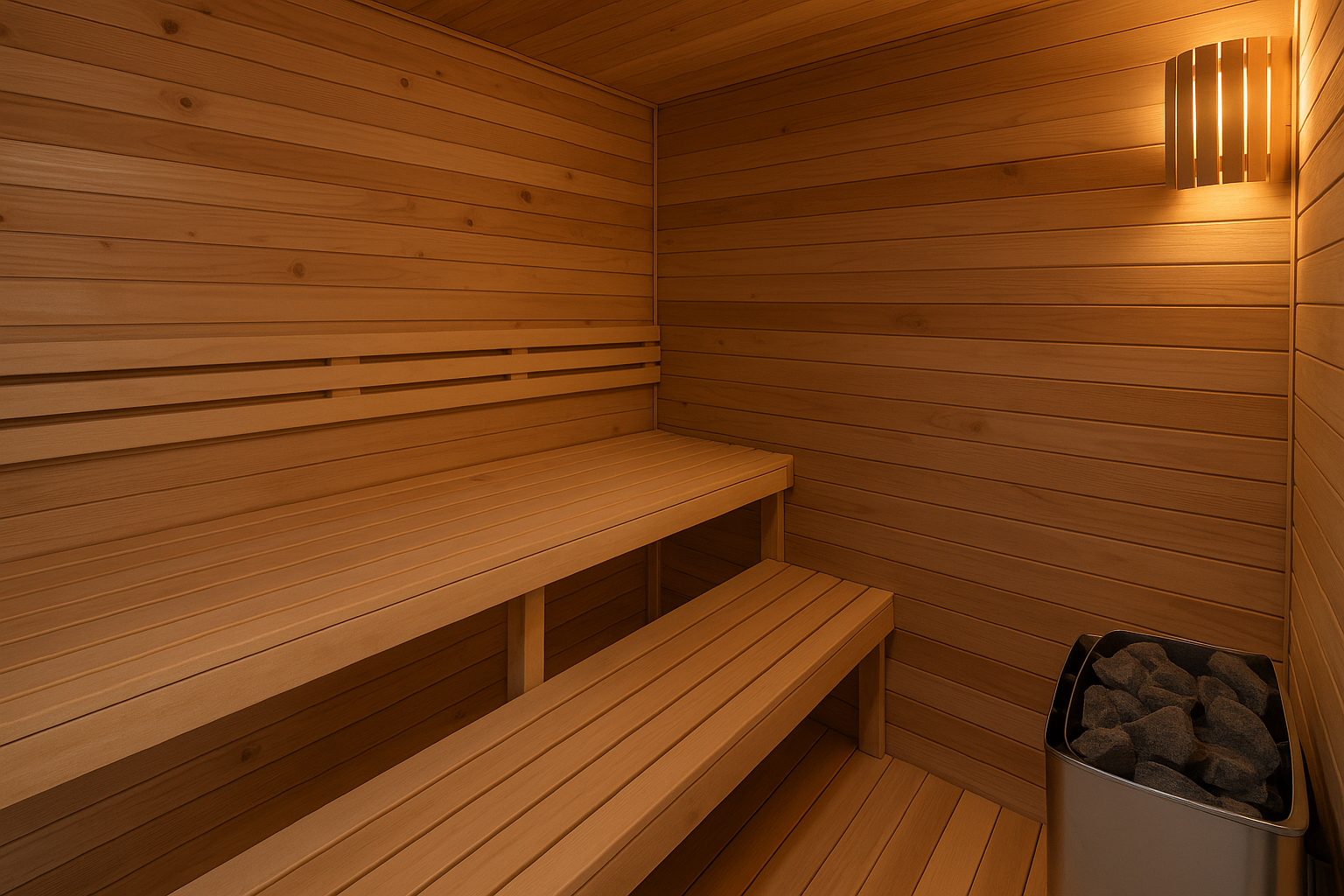 Traditional Finnish-style cedar sauna interior with wooden benches, sauna heater with hot stones, and warm ambient lighting for authentic relaxation by Elite Sauna & Plunge.
