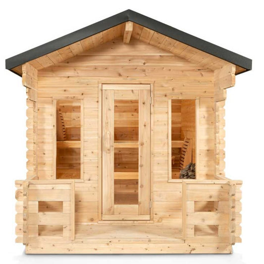 Outdoor cedar cabin sauna with porch, glass door and windows. Canadian Timber design built for backyard relaxation with outdoor-ready construction.