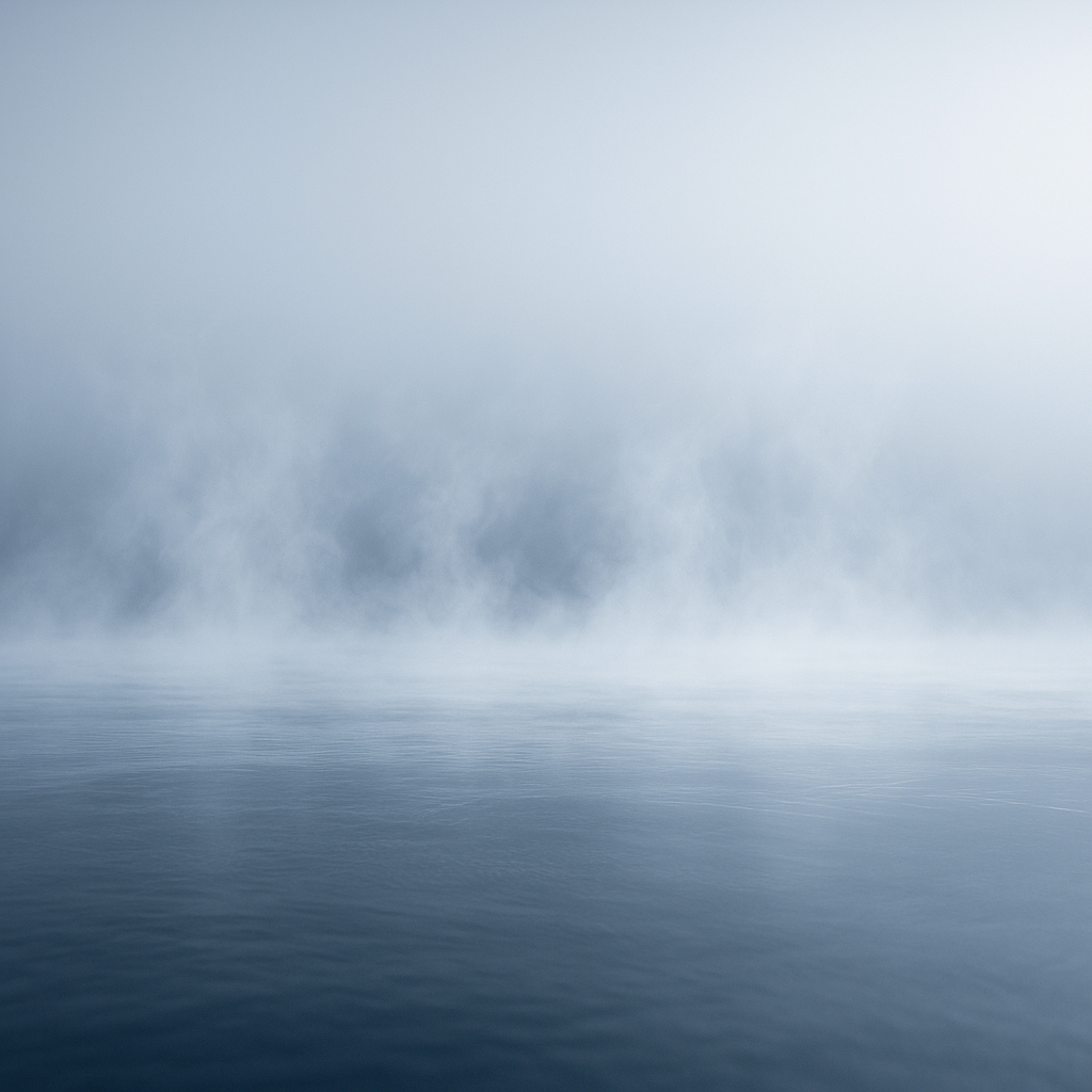 Minimalist icy blue scene with mist rising over still water, evoking cold, calm, and luxury spa atmosphere — hero image for chiller units collection.