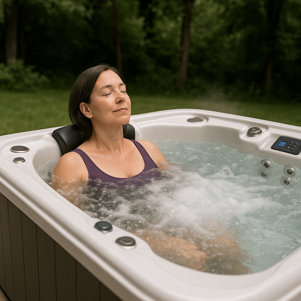 A woman relaxes in a bubbling hydrotherapy hot tub outdoors, eyes closed and leaning against a headrest. The sleek white spa is surrounded by greenery and stone patio, with gentle steam rising for a calm, therapeutic atmosphere.