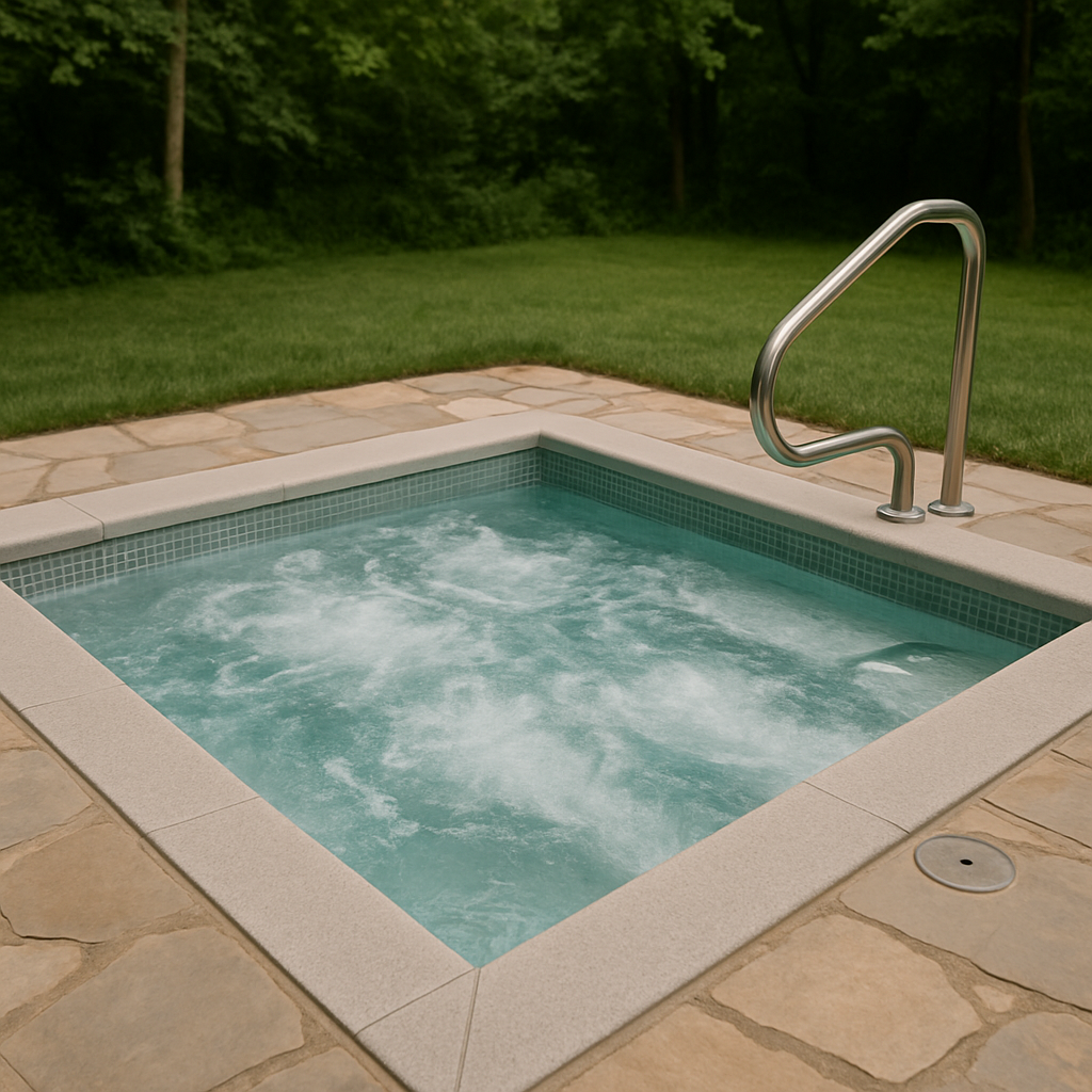 A modern inground hot tub with bubbling turquoise water is built into a stone patio surrounded by green grass and trees. A stainless steel handrail and clean tile edging create a sleek, spa-like outdoor atmosphere.