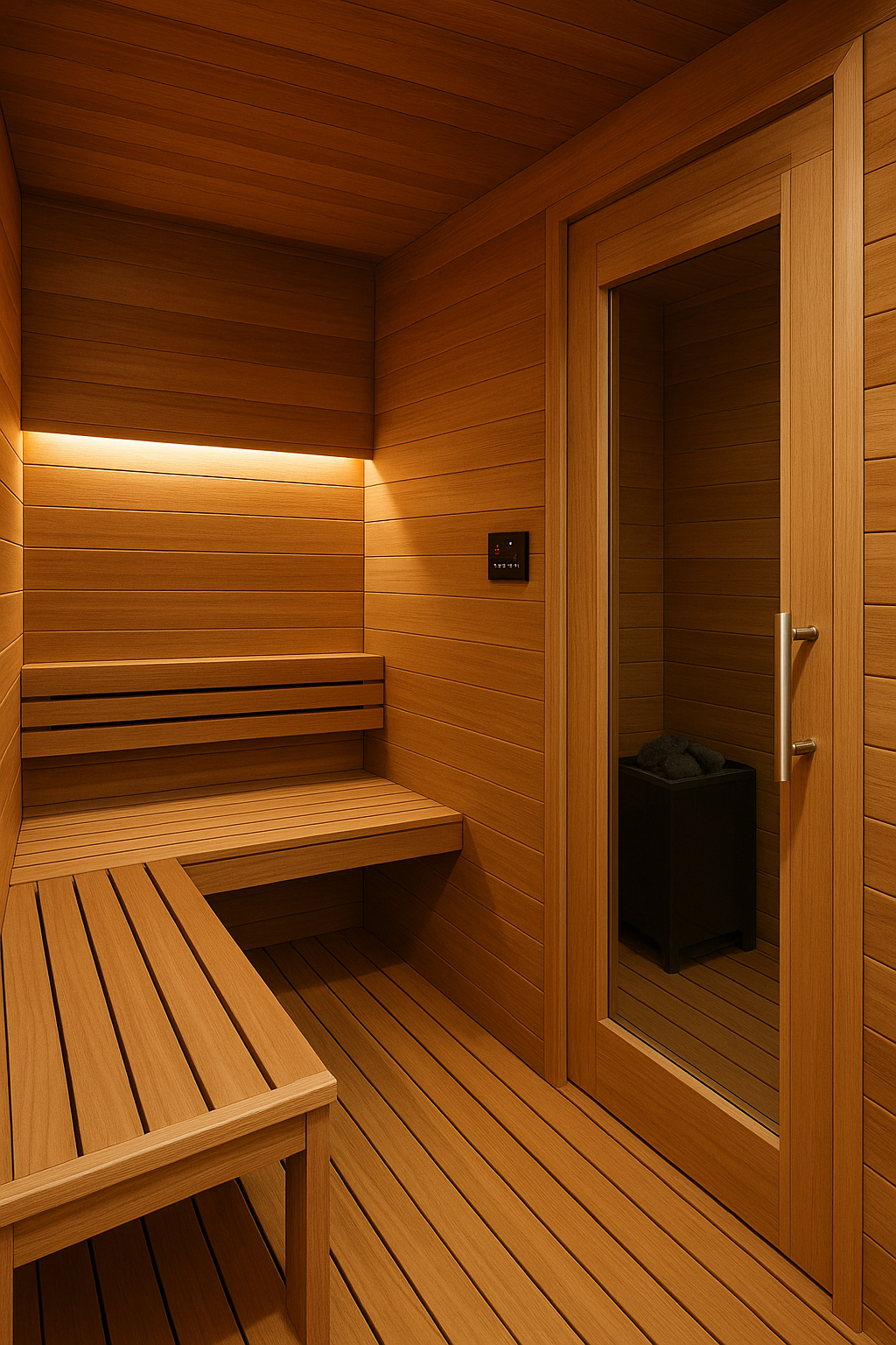 Modern indoor cedar sauna with glass door, LED lighting, and wooden benches inside a minimalist home spa. Elegant relaxation design by Elite Sauna & Plunge.