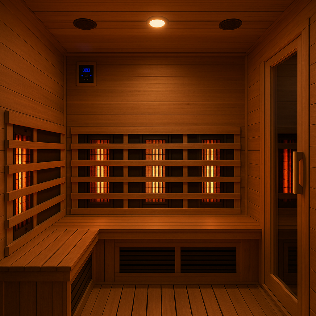 Modern infrared sauna interior crafted from cedar wood with glowing heaters, glass door, and digital controls. Premium home wellness design by Elite Sauna & Plunge.
