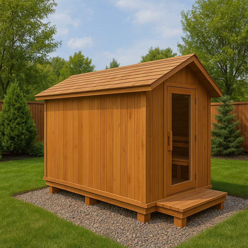 Modern outdoor cedar sauna with glass door set in a peaceful backyard surrounded by trees and greenery. Premium rectangular wood sauna built for durability, relaxation, and year-round wellness by Elite Sauna & Plunge.