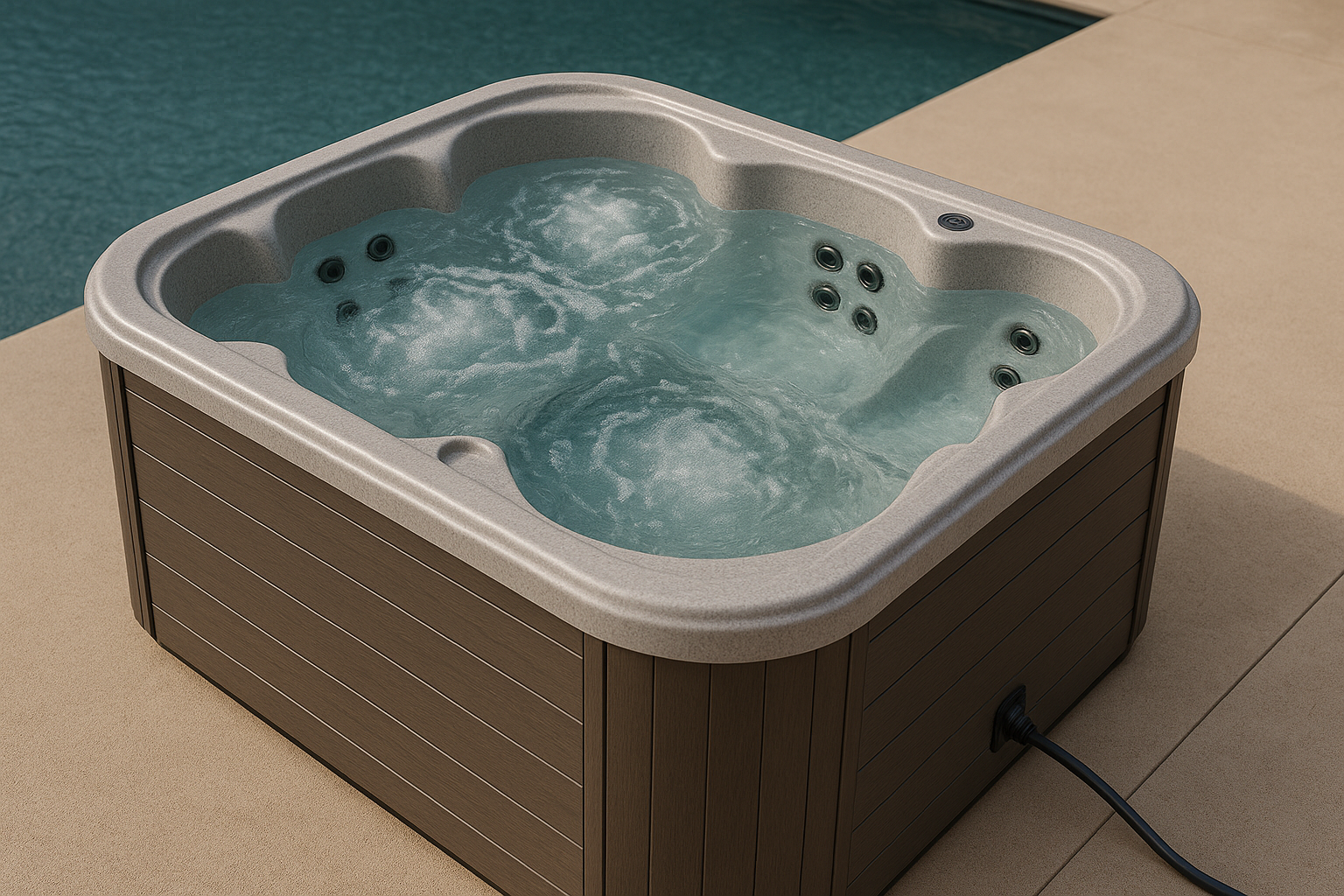 Modern plug-and-play hot tub on a luxury backyard patio with bubbling water and wood-style panels, ideal for easy installation and relaxation. Premium outdoor spa sold by Elite Sauna & Plunge.