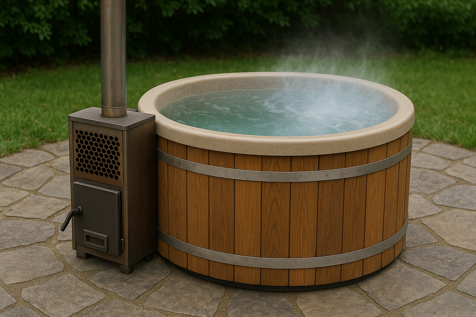 A round cedar wood-fired hot tub with a metal stove and chimney emits gentle steam on a stone patio surrounded by green grass and trees, creating a warm, rustic outdoor spa atmosphere.