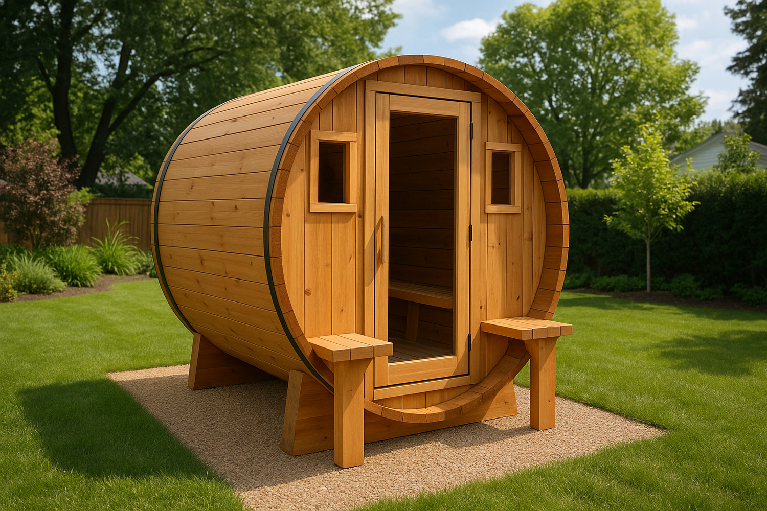 Cedar barrel sauna with glass door set in a lush backyard, featuring curved wood design and natural steam for outdoor relaxation by Elite Sauna & Plunge.