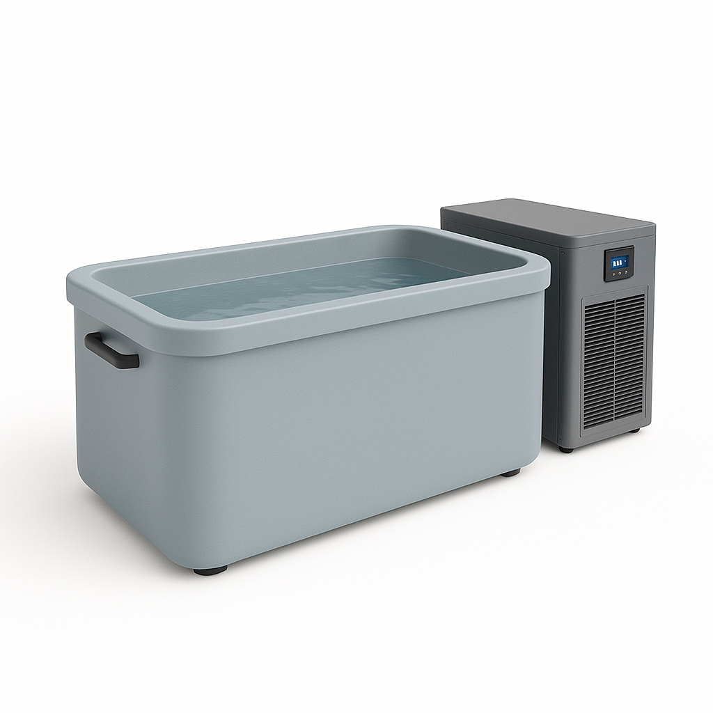Modern compact cold plunge tub with matte light gray finish and built-in chiller on white background, featuring digital temperature display — luxury Arctic Flow cold therapy system.