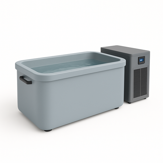 Modern compact cold plunge tub with matte light gray finish and built-in chiller on white background, featuring digital temperature display — luxury Arctic Flow cold therapy system.
