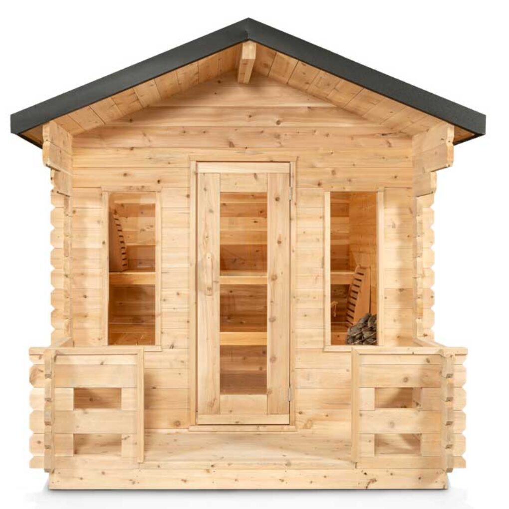 Outdoor cedar cabin sauna with porch, glass door and windows. Canadian Timber design built for backyard relaxation with outdoor-ready construction.