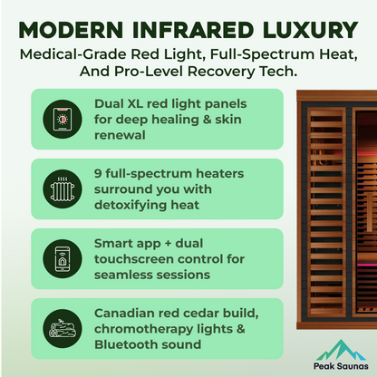 Peak Saunas Matterhorn Luxury 3-Person Full Spectrum Infrared Sauna with Built-In XL Medical-Grade Red Light Therapy & Smart WiFi App Control