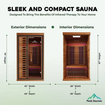Peak Saunas Rainier 1-Person Full Spectrum Infrared Sauna with Built-In XL Medical-Grade Red Light Therapy & Smart WiFi App Control